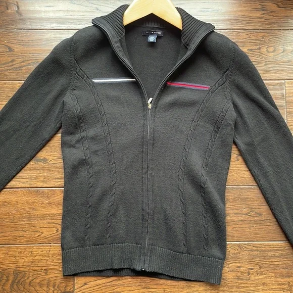 Tommy Hilfiger black logo cardigan zip up cable knit stretchy - Picture 2 of 10